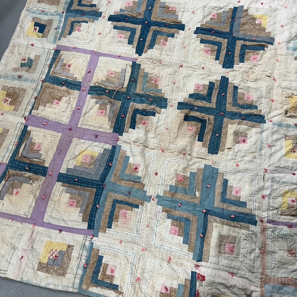 Antique vintage quilt, very soft, blues beiges purples yellows for cutter quilt,